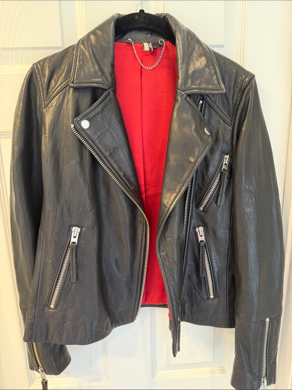 TOPSHOP Moto Leather Jacket with Red Lining